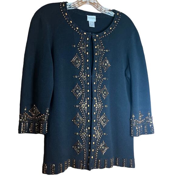 Chico’s Cotton Sequined and Beaded Black Cardigan Size 1=US Size 8/M - Picture 4 of 9